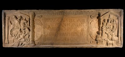 Lastra di Bridgeness, dettaglio da una lastra di distanza in arenaria, simboleggiante la conquista romana, da Bridgeness, West Lothian, c.142 d.C. da Roman